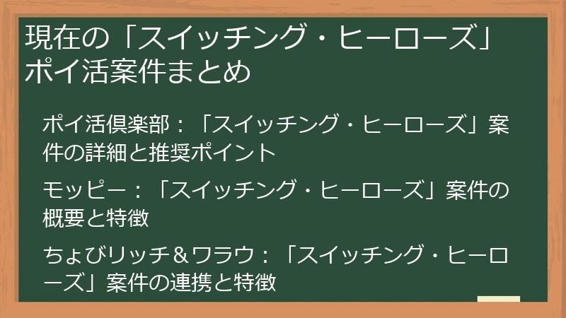 現在の「スイッチング・ヒーローズ」ポイ活案件まとめ