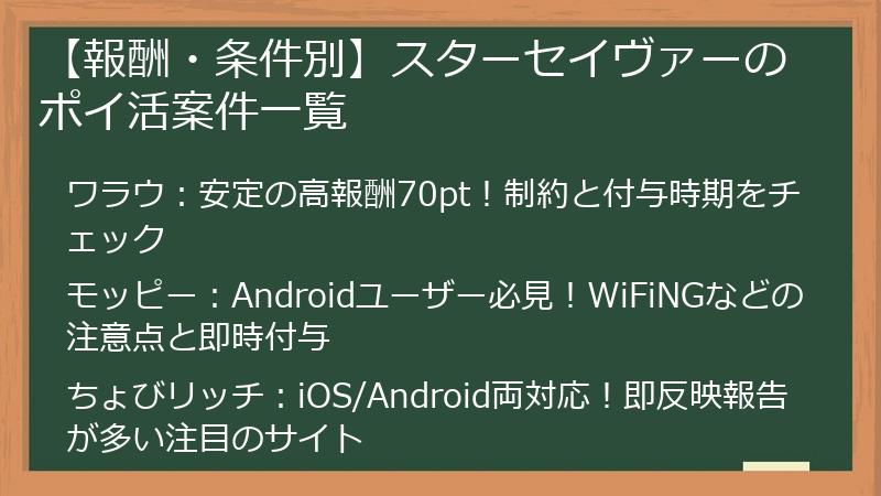 【報酬・条件別】スターセイヴァーのポイ活案件一覧