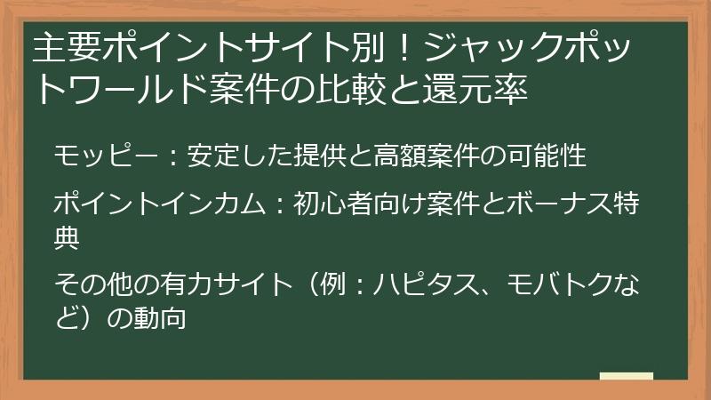 主要ポイントサイト別！ジャックポットワールド案件の比較と還元率