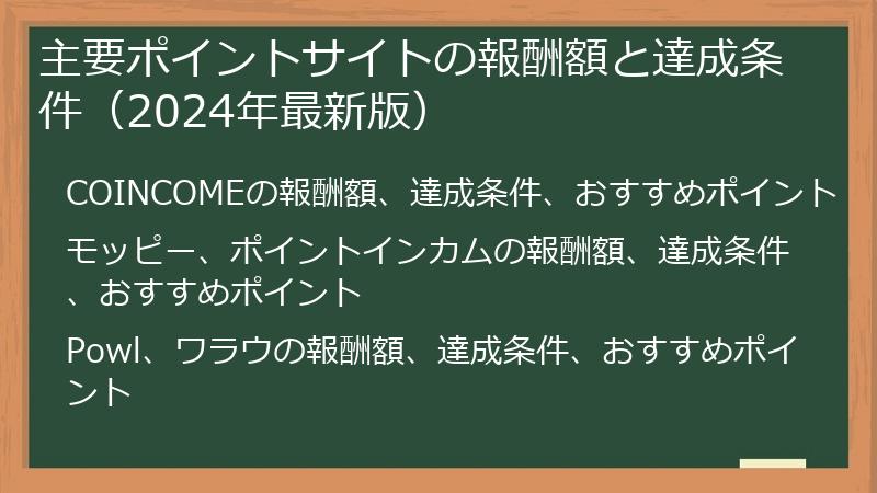 主要ポイントサイトの報酬額と達成条件（2024年最新版）
