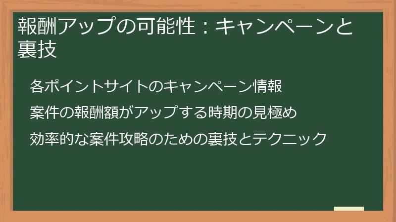 報酬アップの可能性：キャンペーンと裏技
