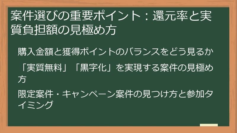 案件選びの重要ポイント：還元率と実質負担額の見極め方