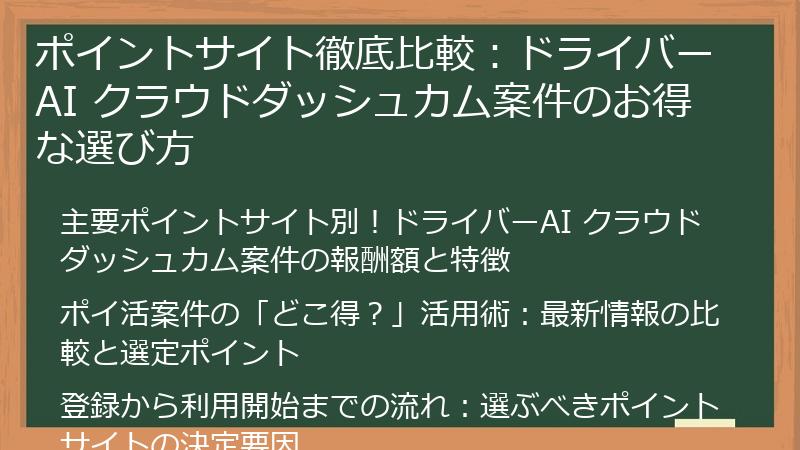 ポイントサイト徹底比較：ドライバーAI クラウドダッシュカム案件のお得な選び方