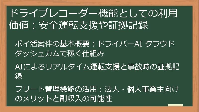 ドライブレコーダー機能としての利用価値:安全運転支援や証拠記録
