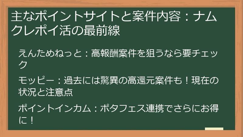 主なポイントサイトと案件内容：ナムクレポイ活の最前線