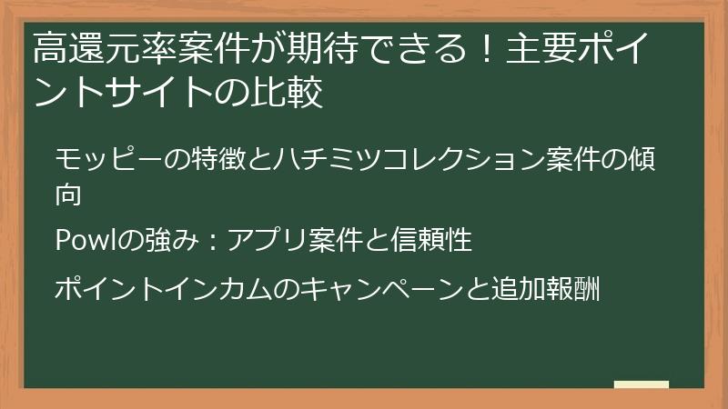 高還元率案件が期待できる！主要ポイントサイトの比較