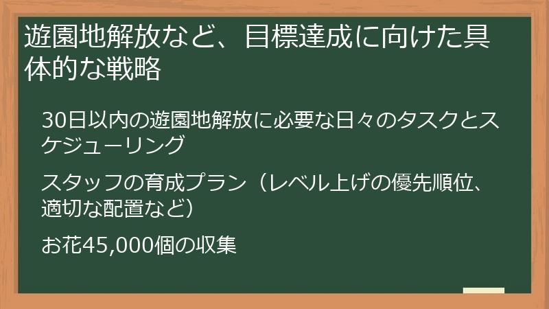 遊園地解放など、目標達成に向けた具体的な戦略