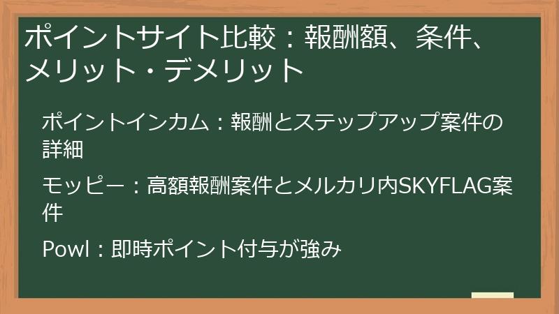 ポイントサイト比較：報酬額、条件、メリット・デメリット