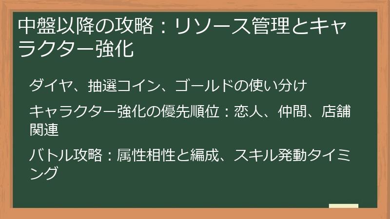 中盤以降の攻略：リソース管理とキャラクター強化