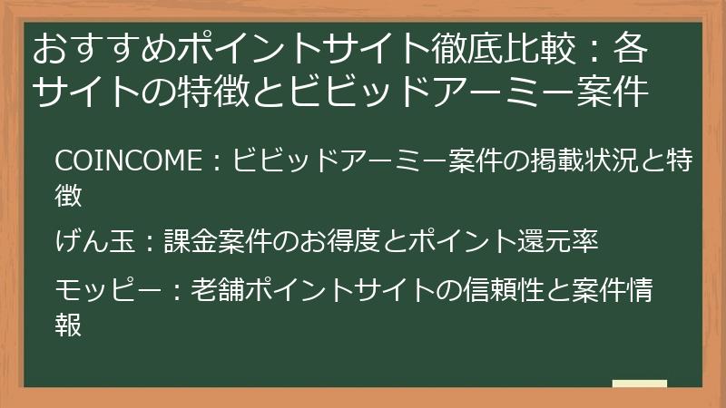 おすすめポイントサイト徹底比較：各サイトの特徴とビビッドアーミー案件