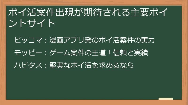 ポイ活案件出現が期待される主要ポイントサイト