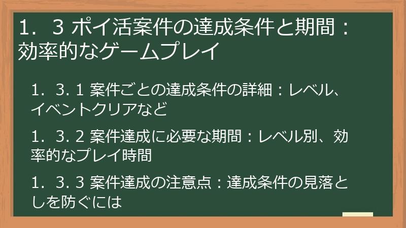 1.  3 ポイ活案件の達成条件と期間：効率的なゲームプレイ