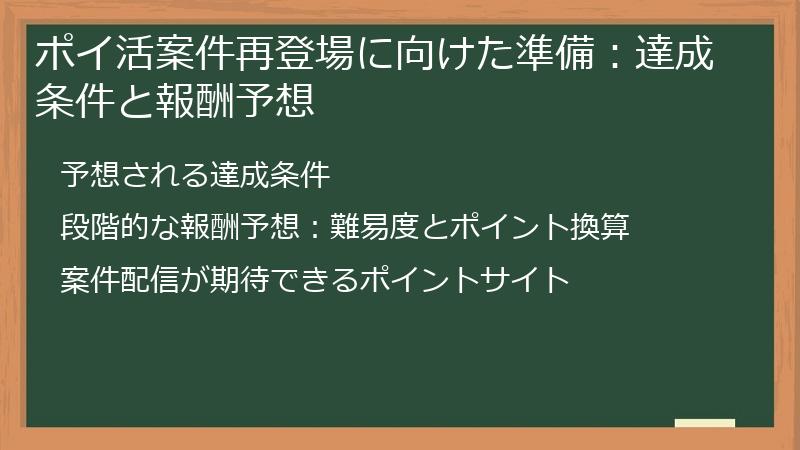 ポイ活案件再登場に向けた準備：達成条件と報酬予想