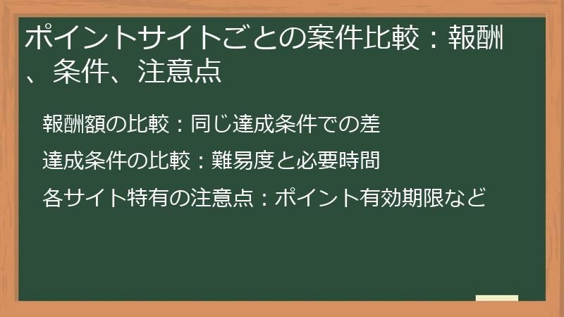 ポイントサイトごとの案件比較：報酬、条件、注意点