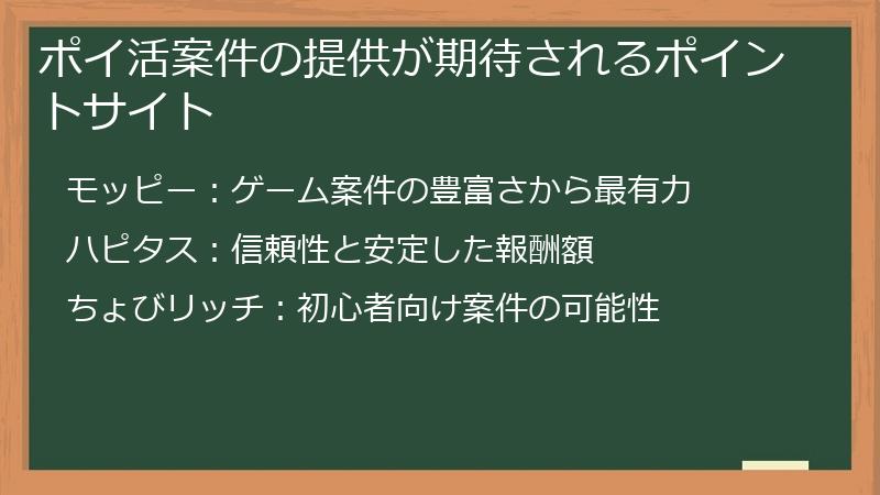 ポイ活案件の提供が期待されるポイントサイト