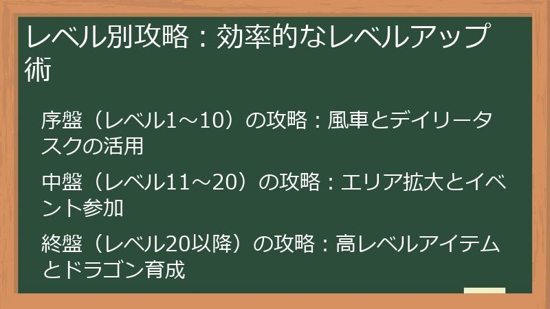 レベル別攻略：効率的なレベルアップ術