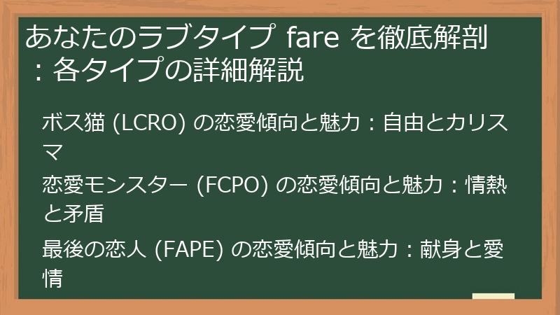 あなたのラブタイプ fare を徹底解剖：各タイプの詳細解説