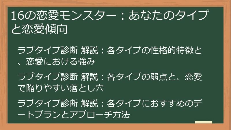 16の恋愛モンスター：あなたのタイプと恋愛傾向