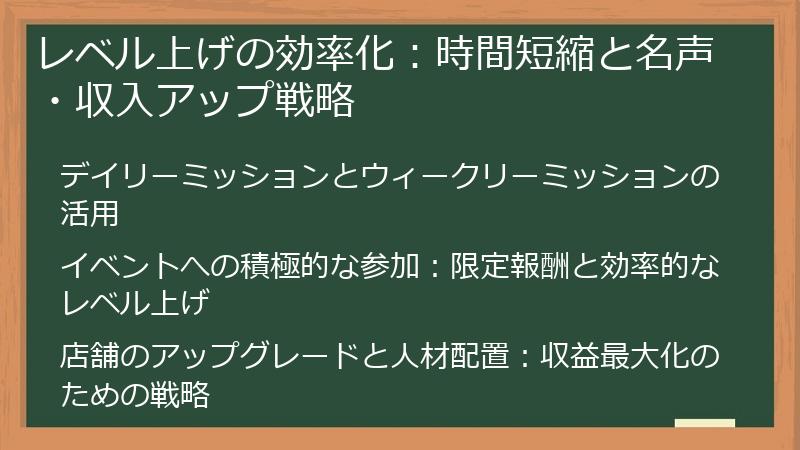 レベル上げの効率化：時間短縮と名声・収入アップ戦略