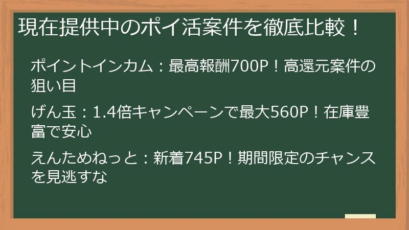 現在提供中のポイ活案件を徹底比較！