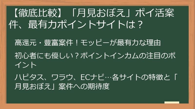 【徹底比較】「月見おぼえ」ポイ活案件、最有力ポイントサイトは？
