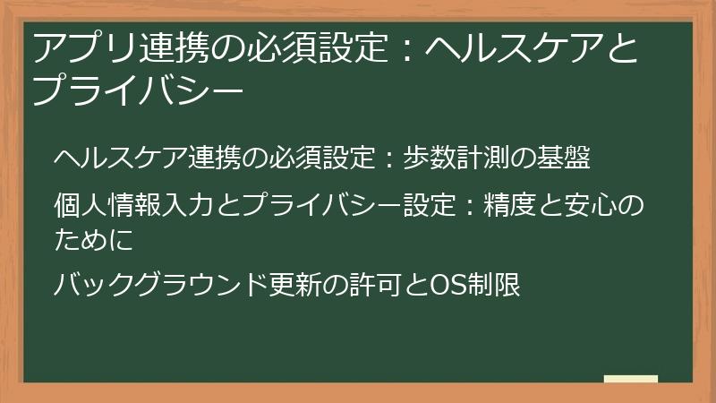 アプリ連携の必須設定：ヘルスケアとプライバシー