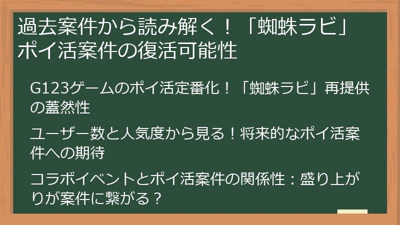 過去案件から読み解く！「蜘蛛ラビ」ポイ活案件の復活可能性
