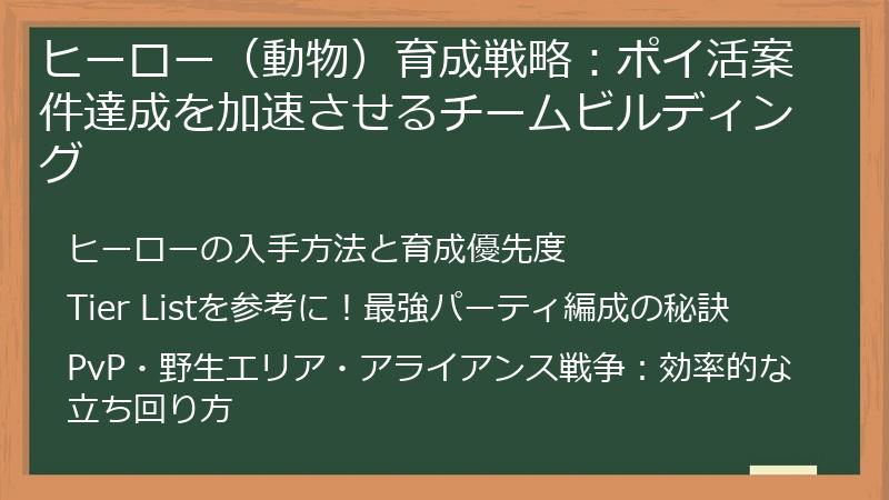 ヒーロー（動物）育成戦略：ポイ活案件達成を加速させるチームビルディング