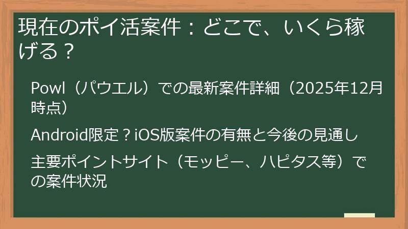 現在のポイ活案件：どこで、いくら稼げる？