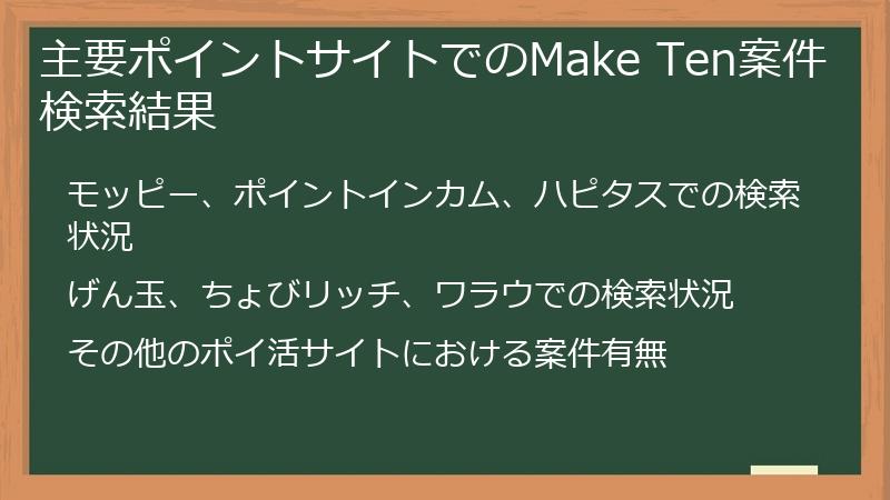 主要ポイントサイトでのMake Ten案件検索結果
