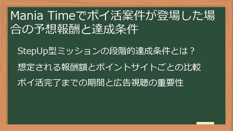Mania Timeでポイ活案件が登場した場合の予想報酬と達成条件