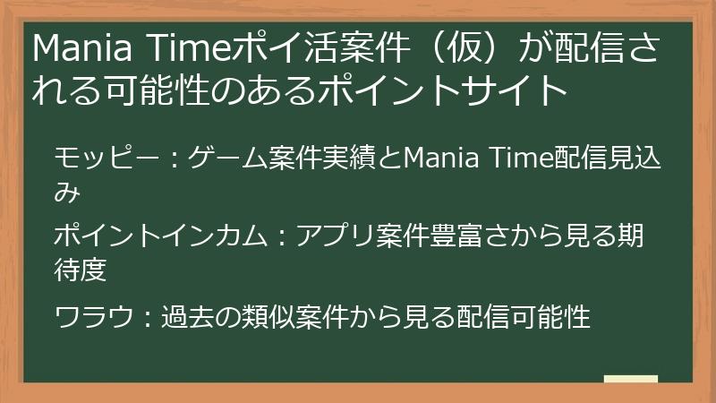 Mania Timeポイ活案件（仮）が配信される可能性のあるポイントサイト