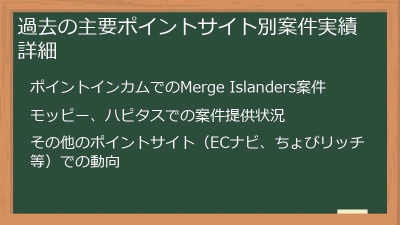 過去の主要ポイントサイト別案件実績詳細