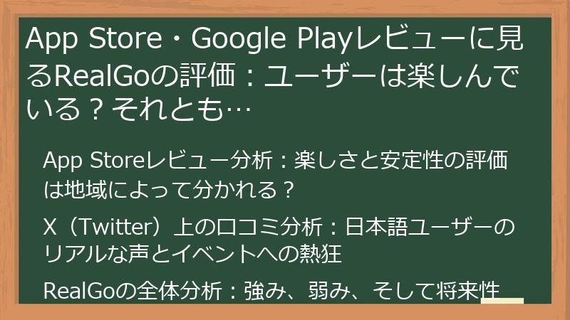 App Store・Google Playレビューに見るRealGoの評価：ユーザーは楽しんでいる？それとも…