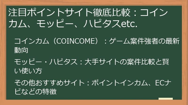 注目ポイントサイト徹底比較：コインカム、モッピー、ハピタスetc.
