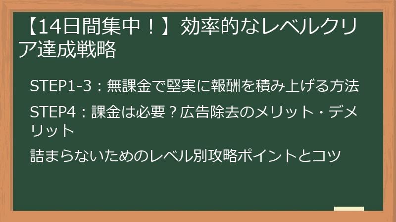 【14日間集中！】効率的なレベルクリア達成戦略