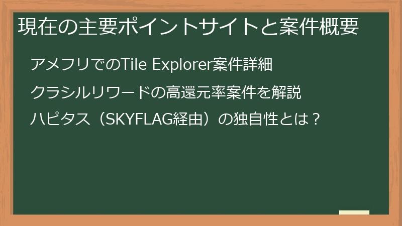 現在の主要ポイントサイトと案件概要