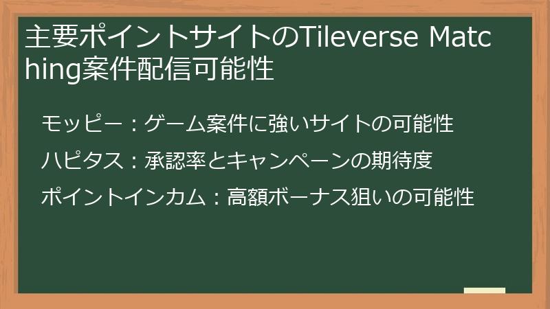 主要ポイントサイトのTileverse Matching案件配信可能性