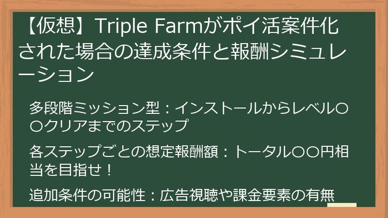 【仮想】Triple Farmがポイ活案件化された場合の達成条件と報酬シミュレーション