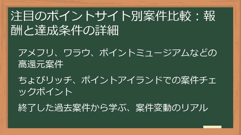注目のポイントサイト別案件比較：報酬と達成条件の詳細
