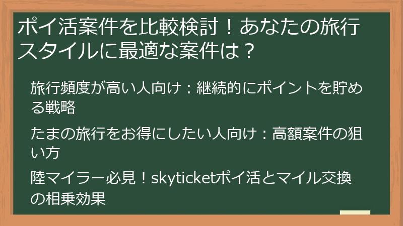 ポイ活案件を比較検討！あなたの旅行スタイルに最適な案件は？