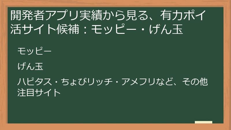 開発者アプリ実績から見る、有力ポイ活サイト候補：モッピー・げん玉