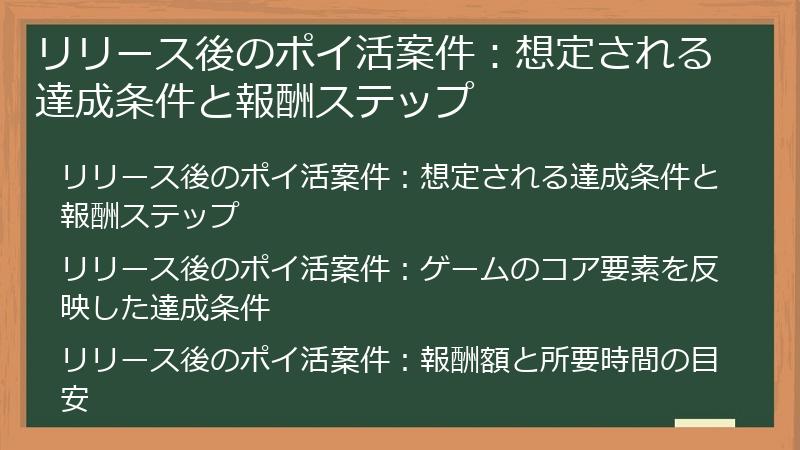 リリース後のポイ活案件：想定される達成条件と報酬ステップ