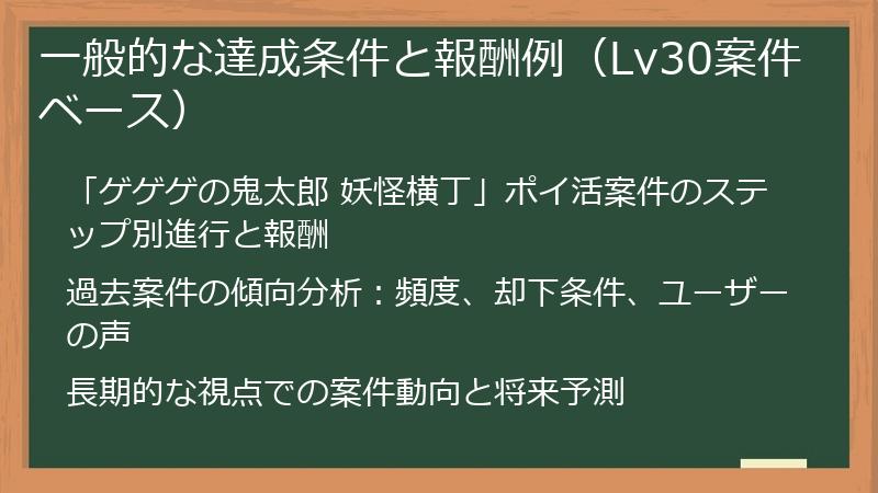 一般的な達成条件と報酬例（Lv30案件ベース）