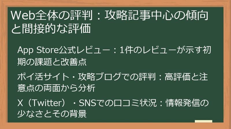 Web全体の評判：攻略記事中心の傾向と間接的な評価