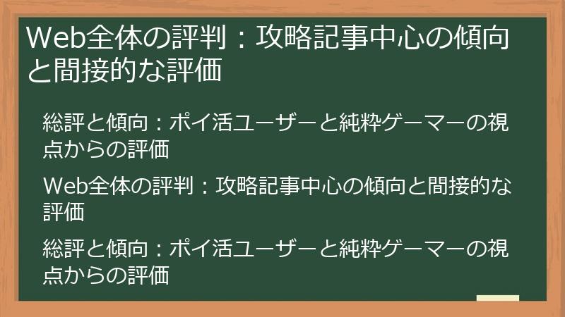 Web全体の評判：攻略記事中心の傾向と間接的な評価