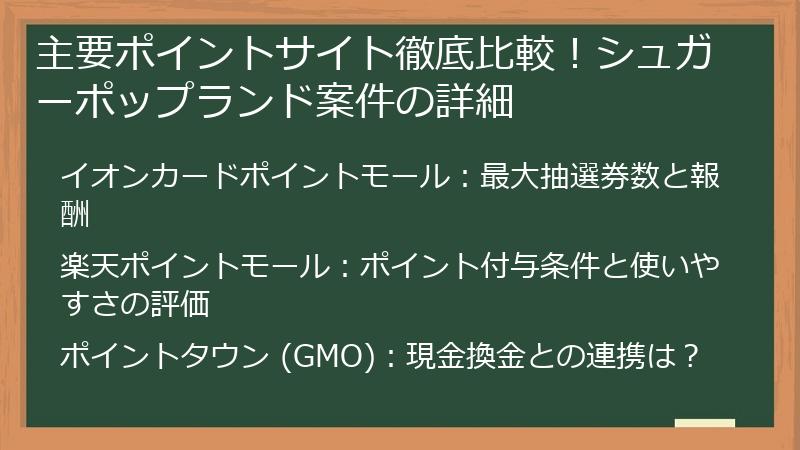 主要ポイントサイト徹底比較！シュガーポップランド案件の詳細