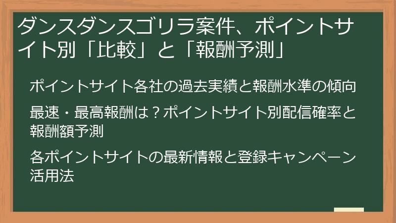 ダンスダンスゴリラ案件、ポイントサイト別「比較」と「報酬予測」