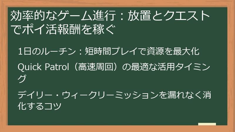 効率的なゲーム進行：放置とクエストでポイ活報酬を稼ぐ