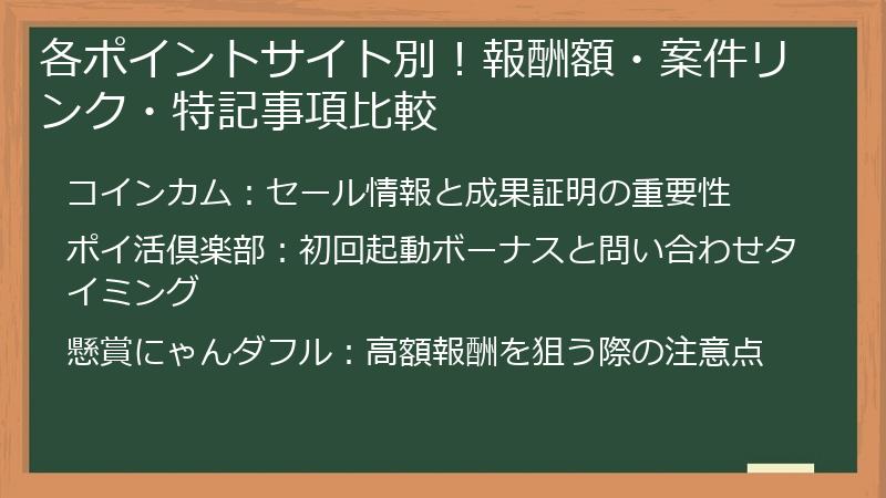 各ポイントサイト別！報酬額・案件リンク・特記事項比較